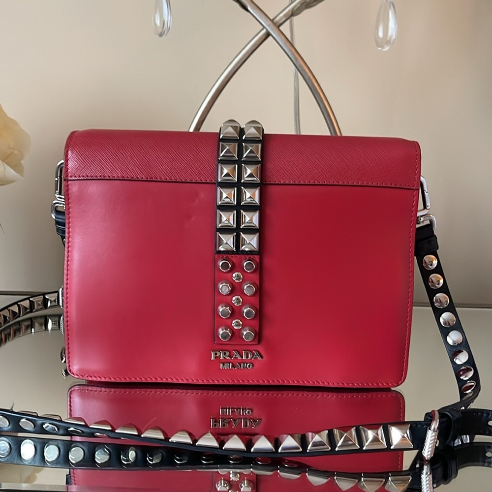 PRADA Elektra Shoulder Crossbody Bag Studded Red/Black Leather - Picture 5 of 14
